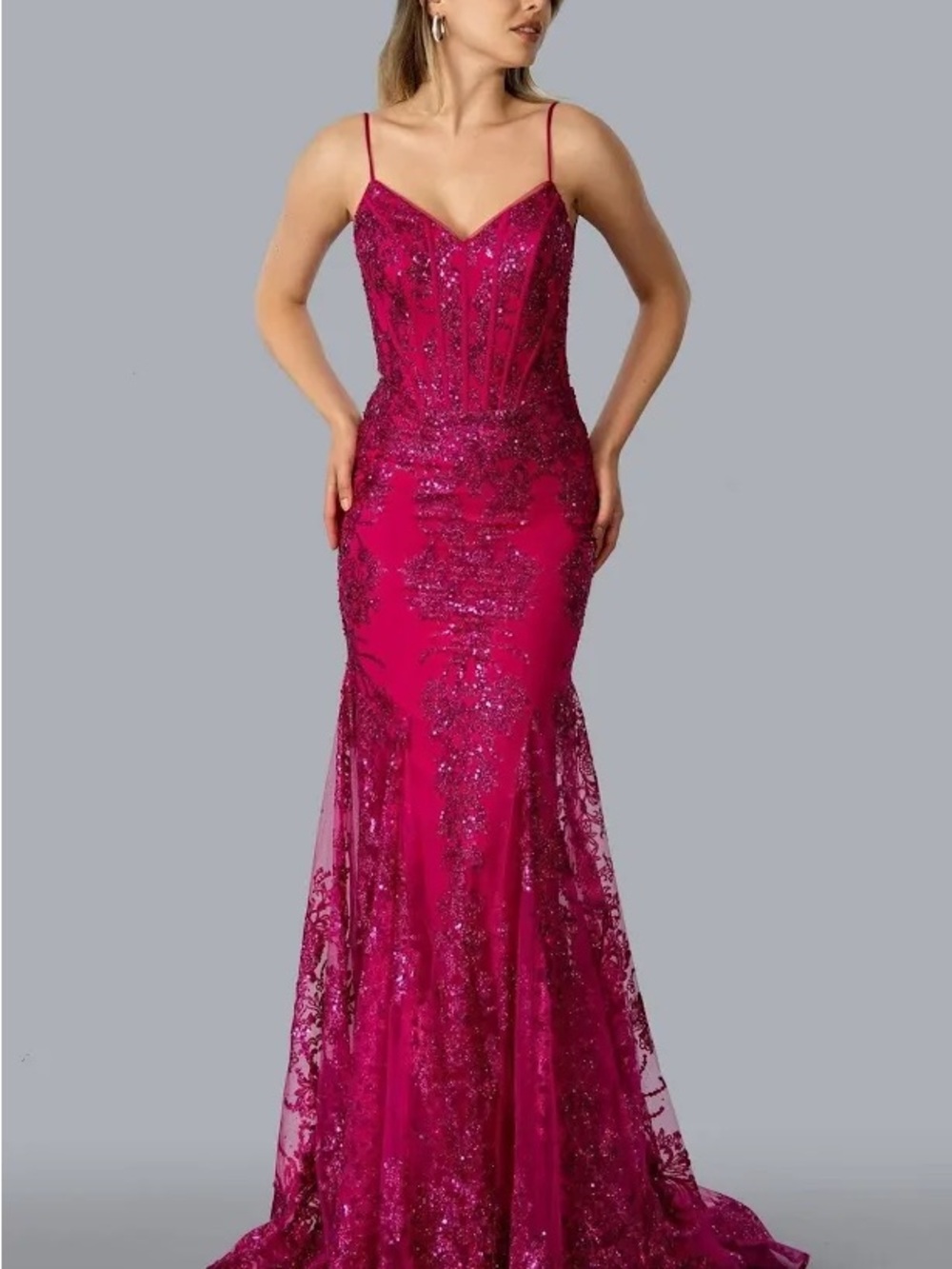 Strapless Fuchsia Sequin Mermaid Evening Gown